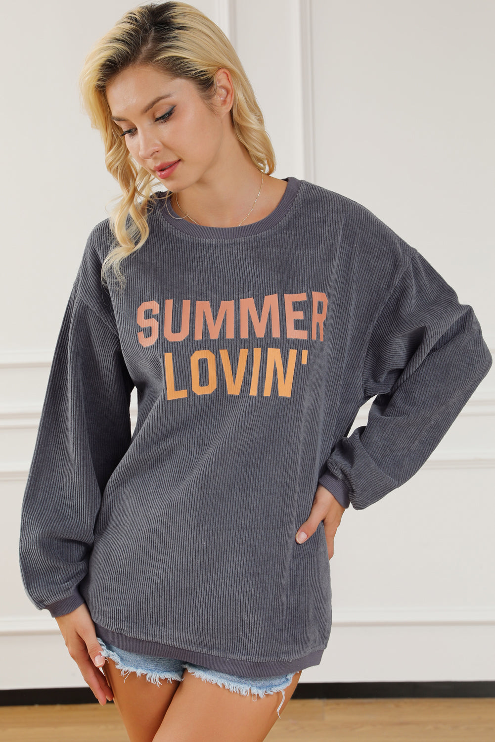 Black Plus Size Corded Round Neck Sweatshirt