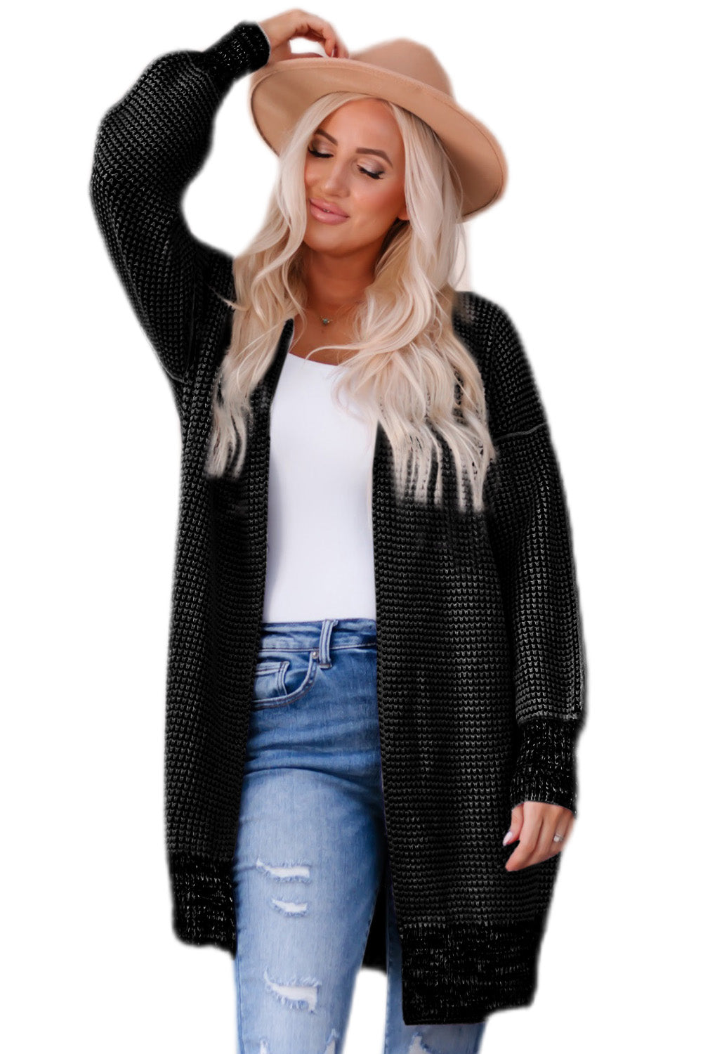 Apricot Chunky Waffle Knit Oversized Collar Cardigan