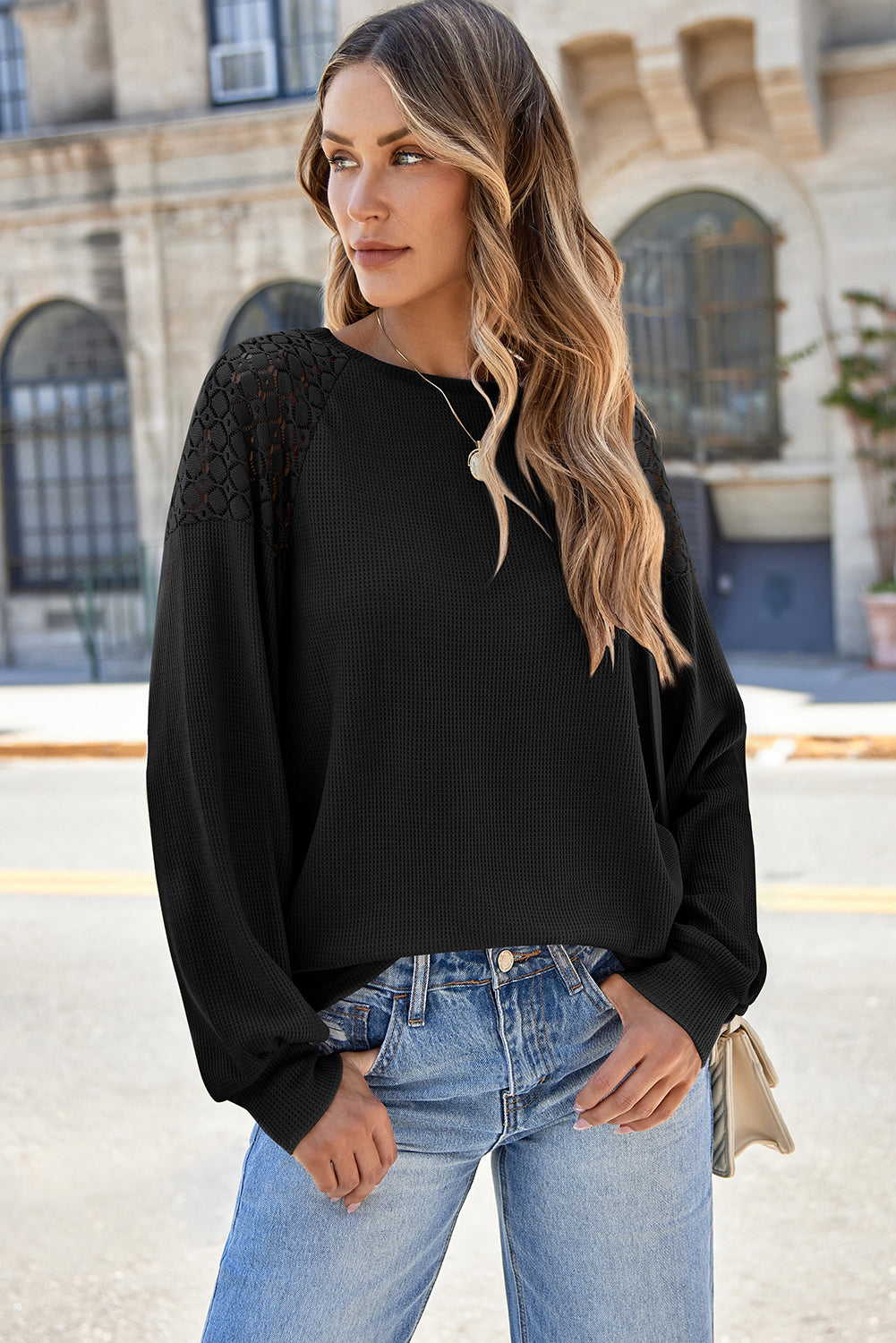 Apricot Pink Plus Size Contrast Lace Sleeve Textured Knit Top
