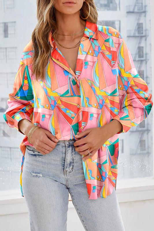 Multicolor Geometric Abstract Print Long Sleeve Shirt Dress