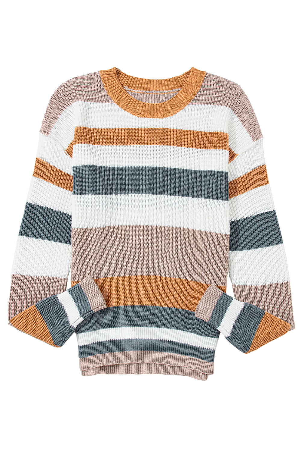 Camel Striped Knit Crew Neck T Shirt Sweater