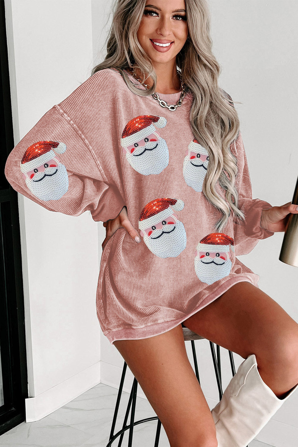 Black Plus Size Corded Round Neck Sweatshirt