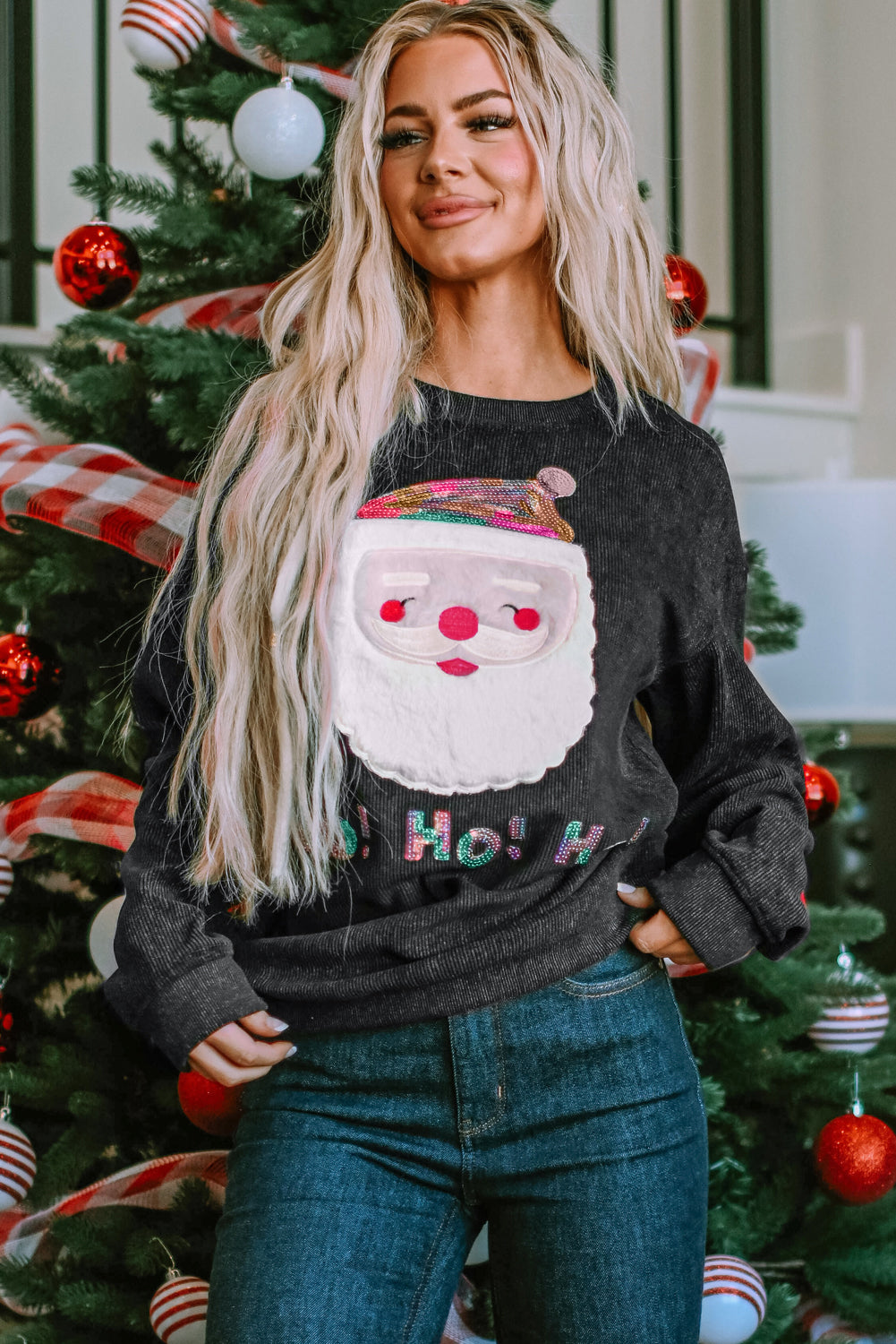 Black Plus Size Corded Round Neck Sweatshirt