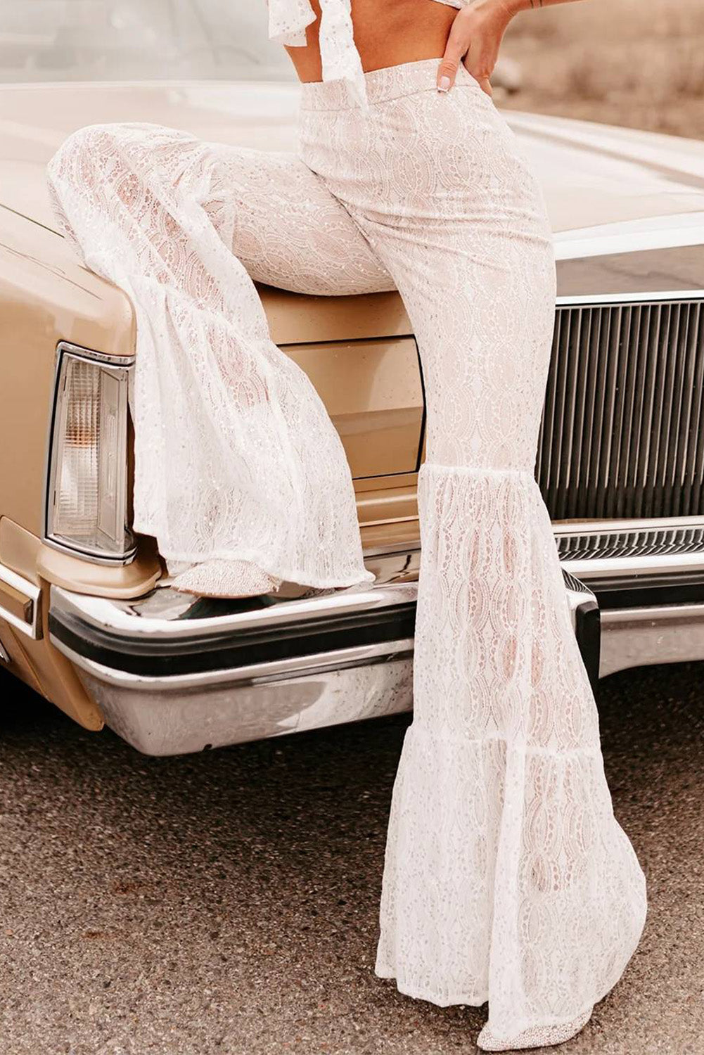 Sequined Lace Tiered High Waist Flare Pants