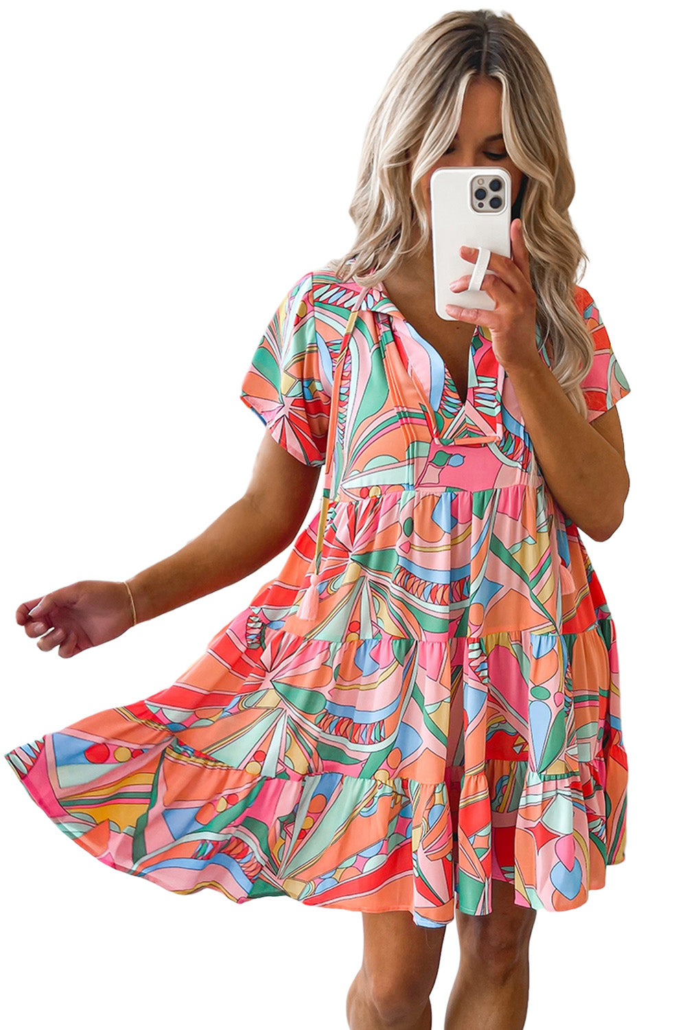 Multicolor Geometric Abstract Print Long Sleeve Shirt Dress
