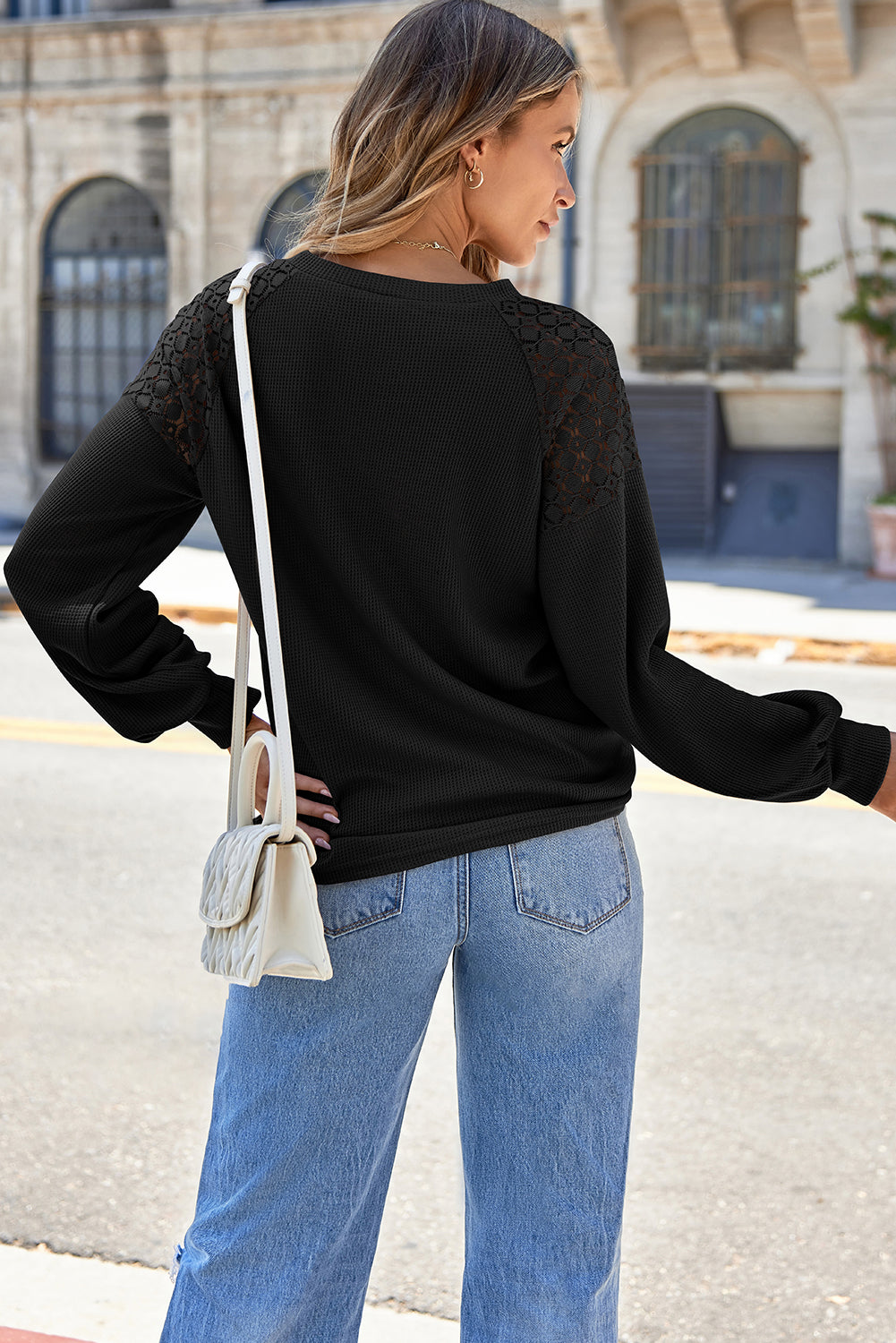 Strawberry Pink Plus Size Contrast Lace Sleeve Waffle Knit Top