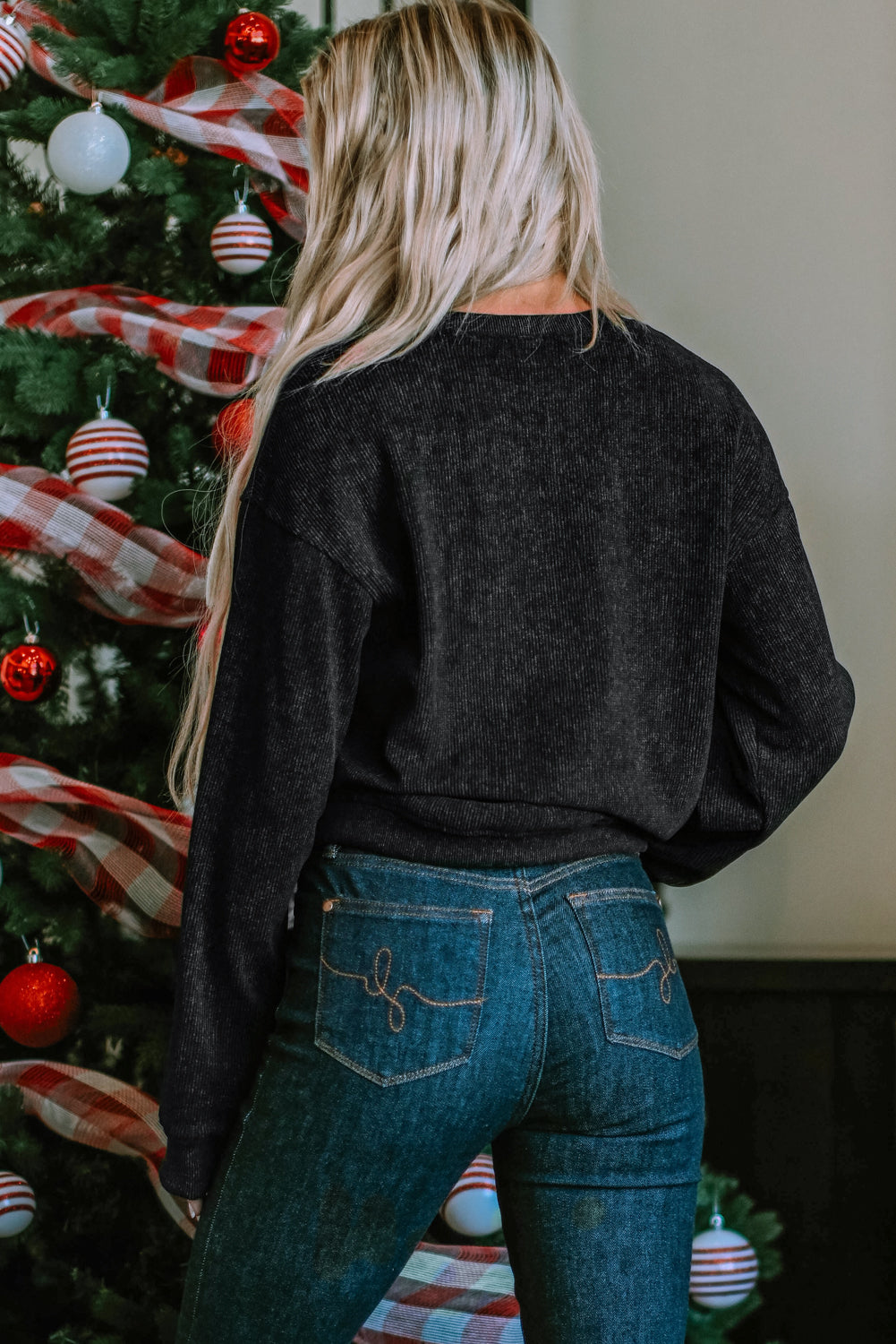 Black Plus Size Corded Round Neck Sweatshirt