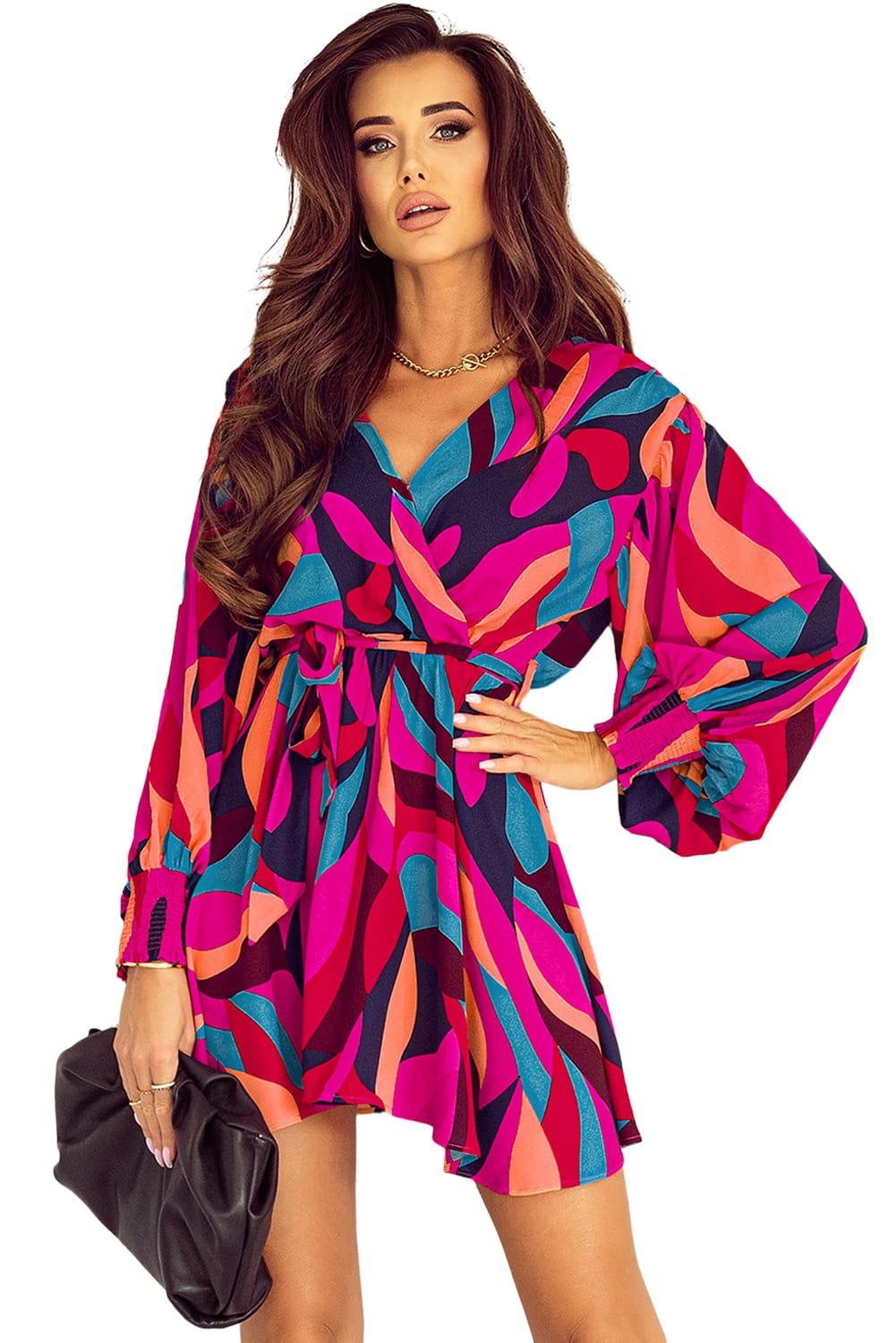 Multicolor Plus Size Abstract Print Oversized Sleeve Belted Dress