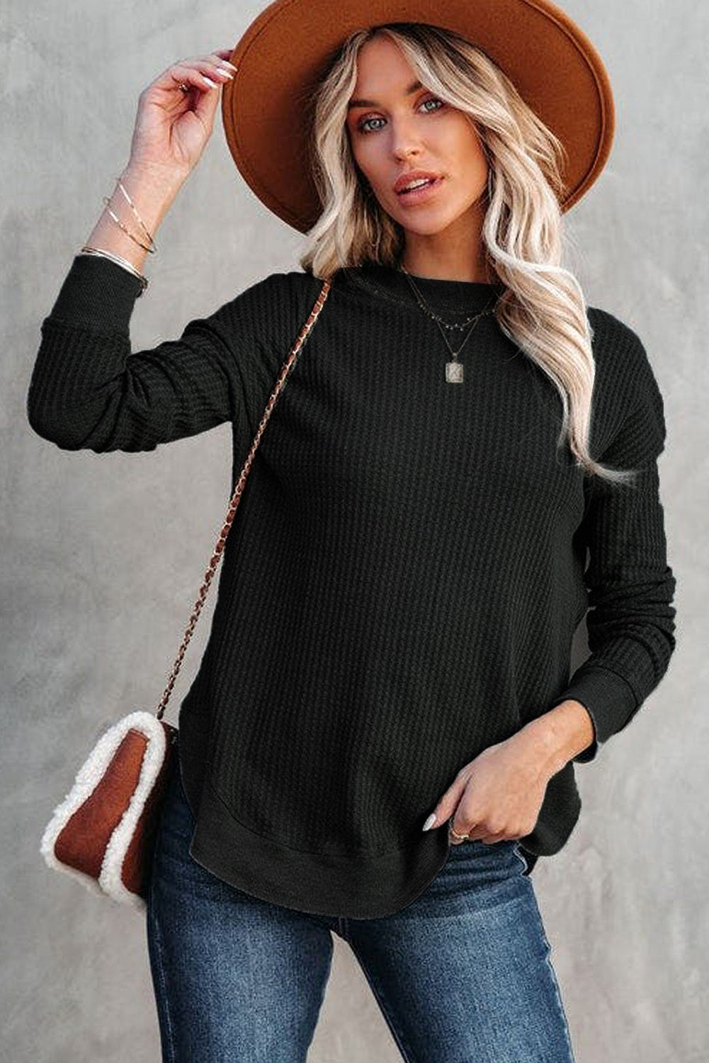 Waffle Knit Crew Neck Casual Long Sleeve Top