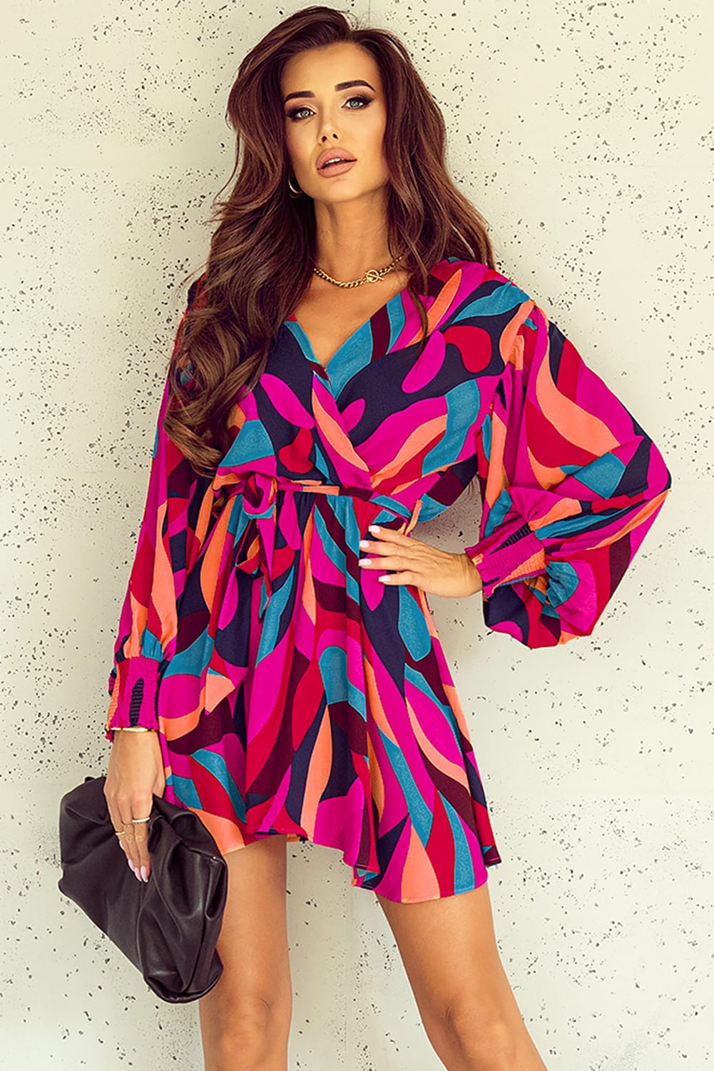 Multicolor Plus Size Abstract Print Oversized Sleeve Belted Dress