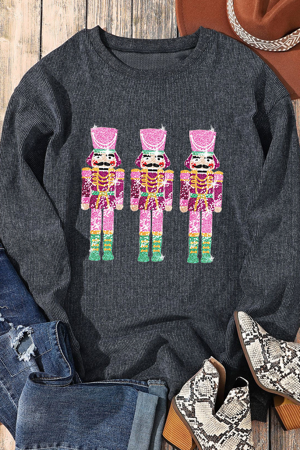 Black Plus Size Corded Round Neck Sweatshirt