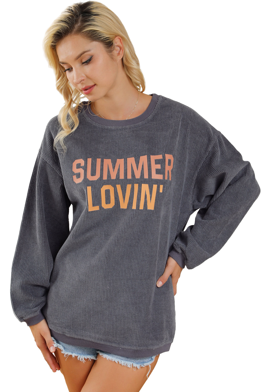 Black Plus Size Corded Round Neck Sweatshirt