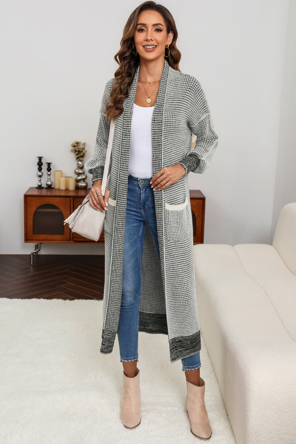 Apricot Chunky Waffle Knit Oversized Collar Cardigan