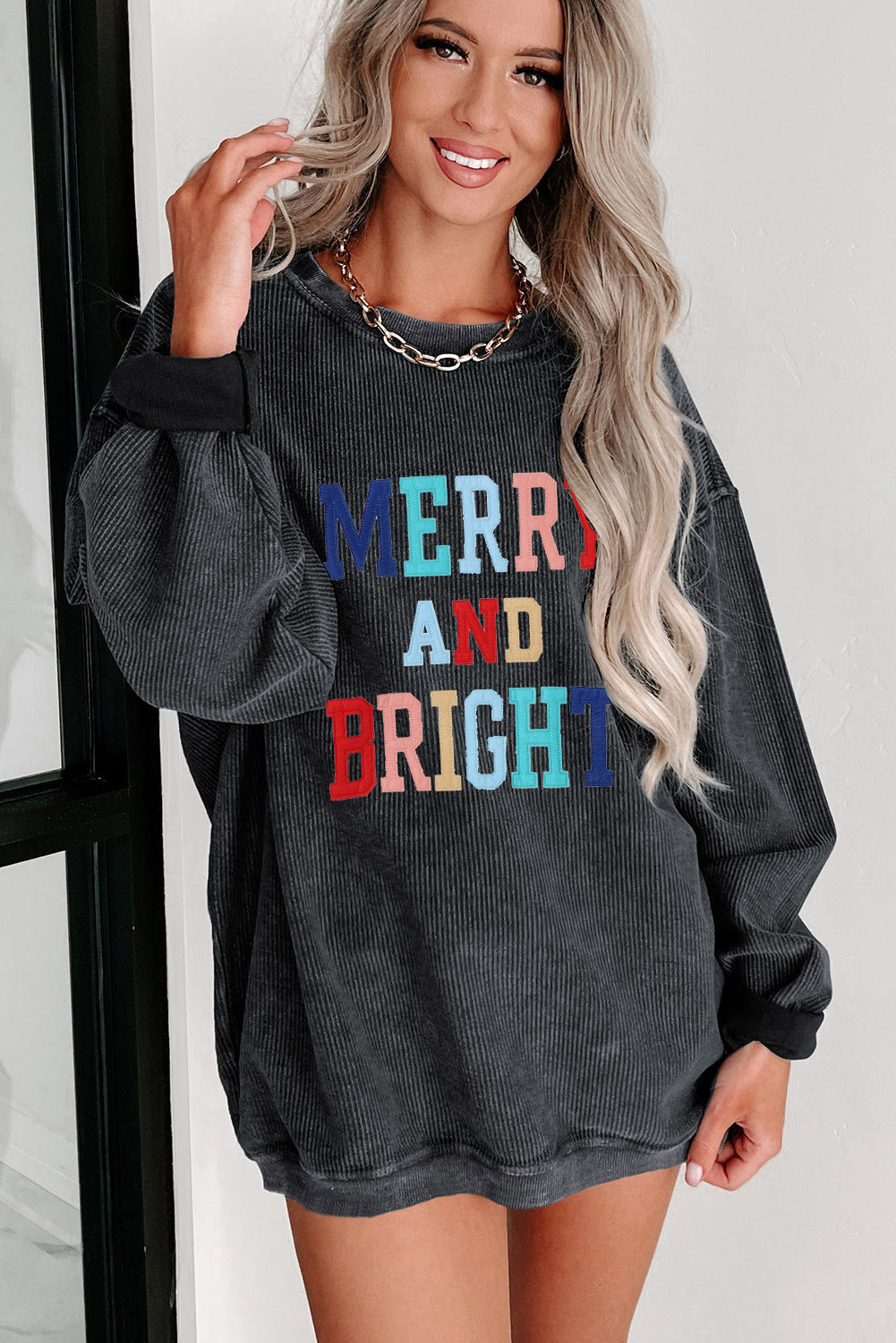 Black Plus Size Corded Round Neck Sweatshirt