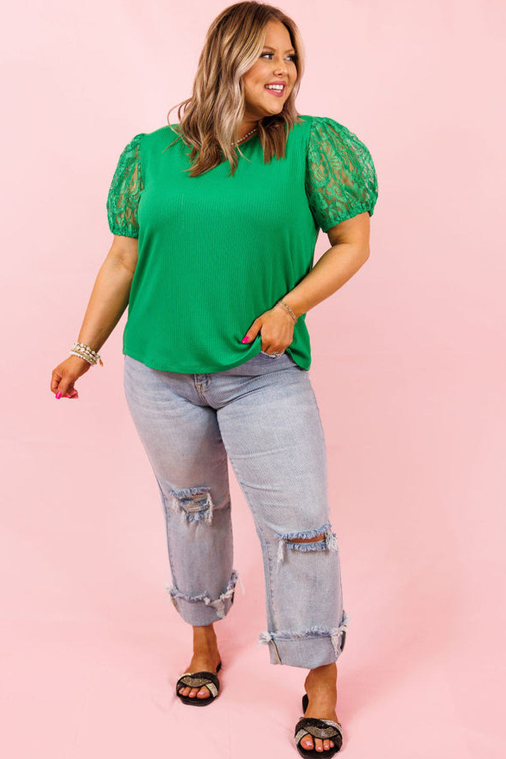 Ribbed Lace Patchwork Puff Sleeve Plus Size Blouse
