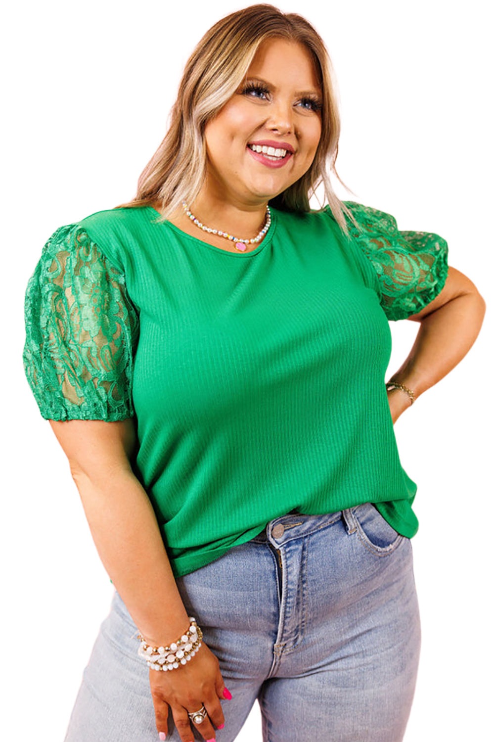 Ribbed Lace Patchwork Puff Sleeve Plus Size Blouse
