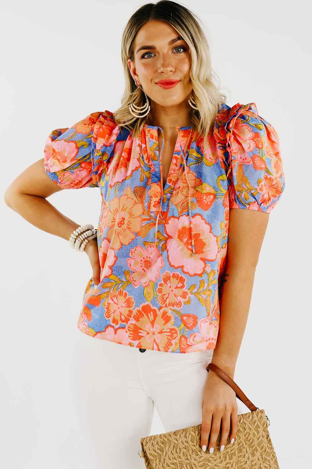 Multicolor Floral Bubble Sleeve V-Neck Plus Size Blouse