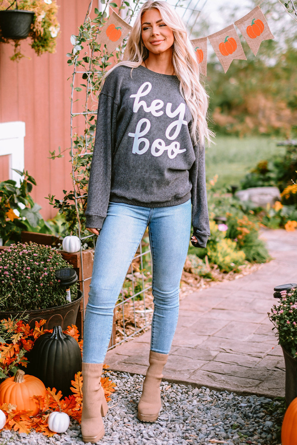 Black Plus Size Corded Round Neck Sweatshirt
