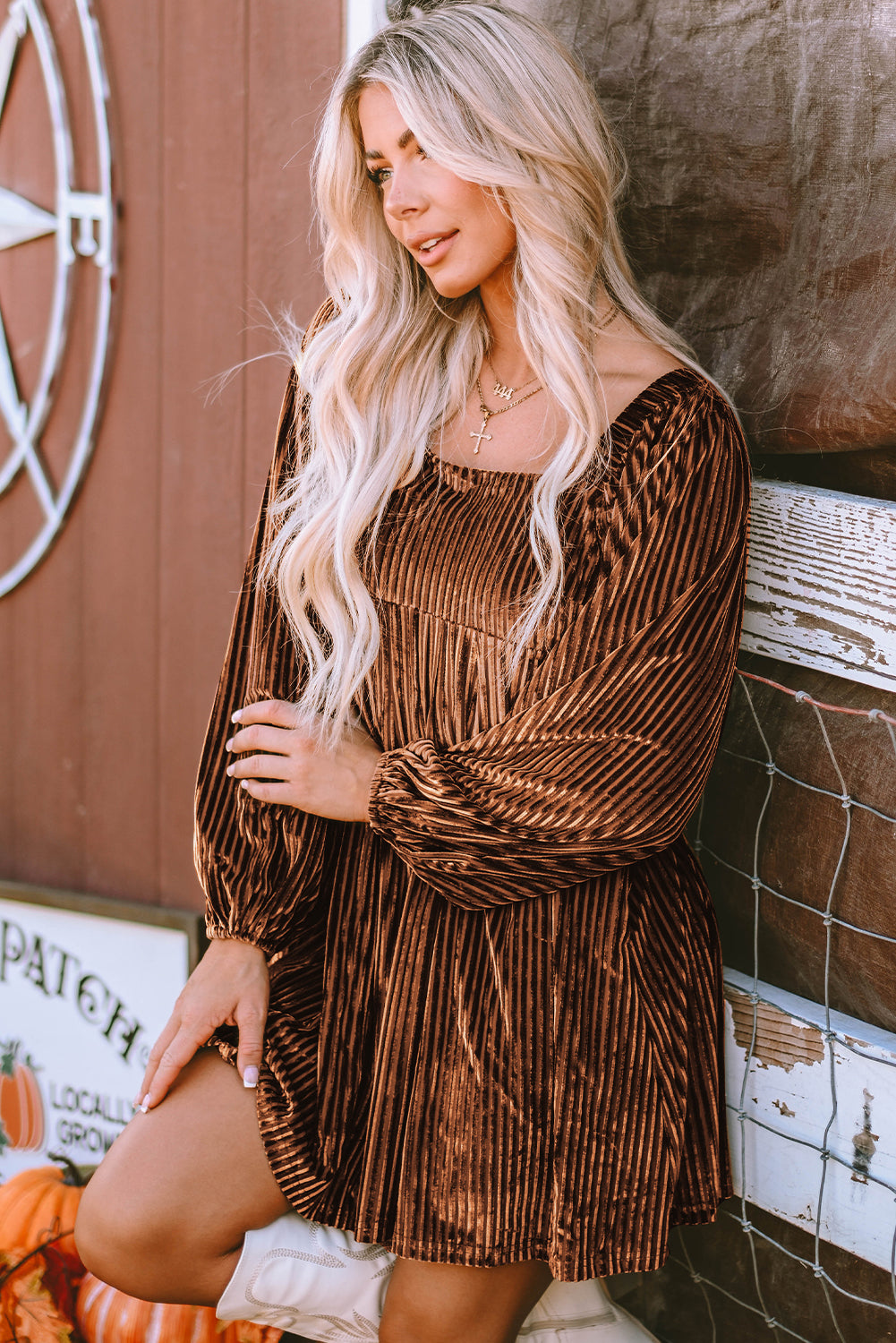 Chestnut Half Zip V Neck Ribbed Velvet Top