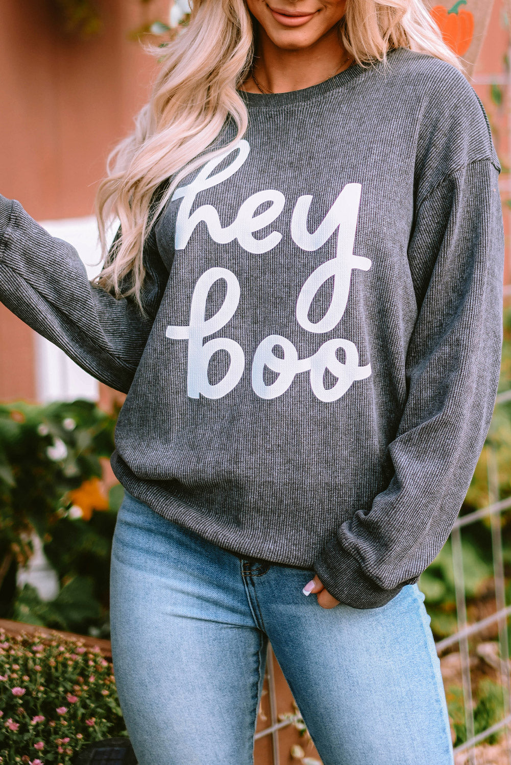 Black Plus Size Corded Round Neck Sweatshirt