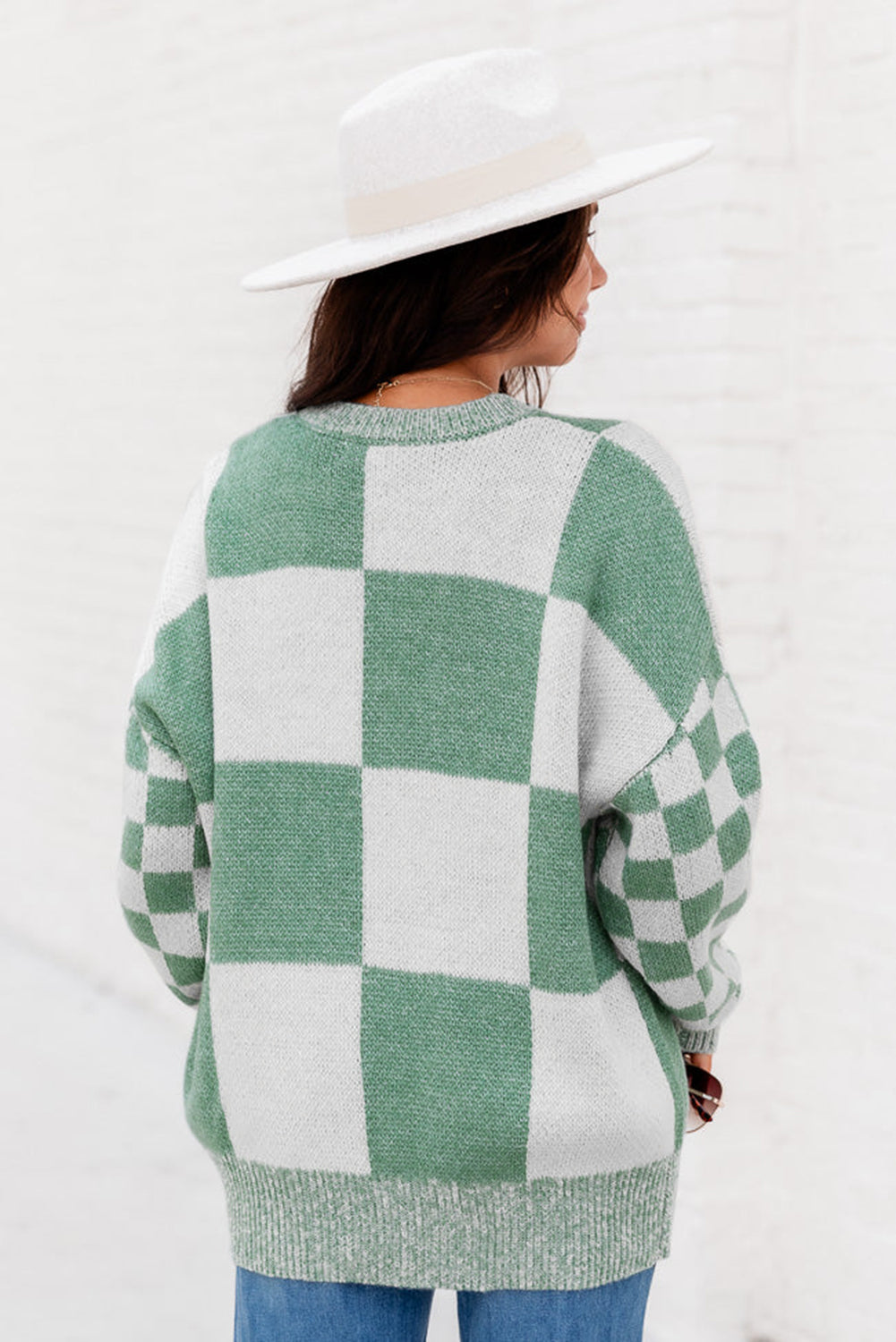 Medium Grey Checkered Print Drop Shoulder Sweater