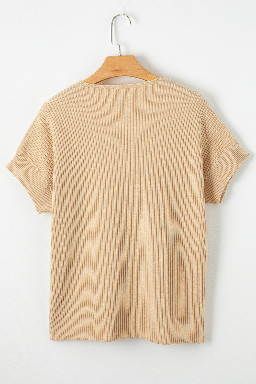 Oatmeal Patch Pocket Ribbed Knit Short Sleeve Sweater Dress