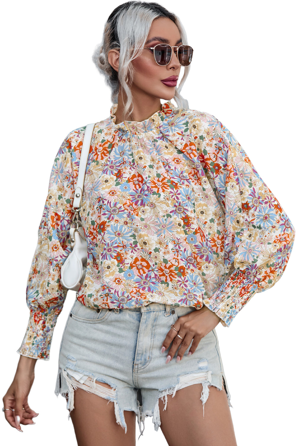 Purple Printed Boho Floral Frilled Neck Shirred Bracelet Sleeve Dress