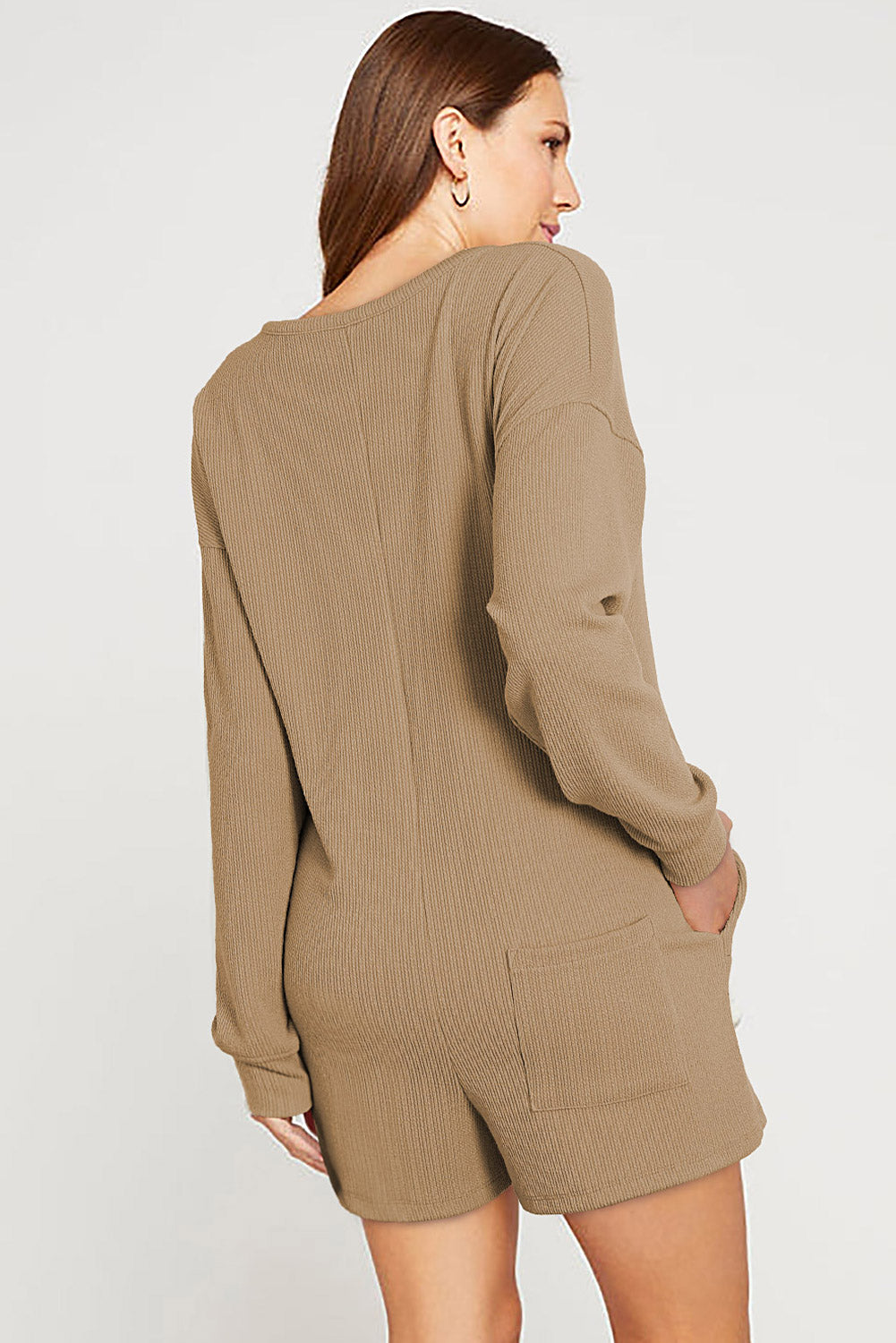 Black Brushed Ribbed Button Split V Neck Long Sleeve Romper