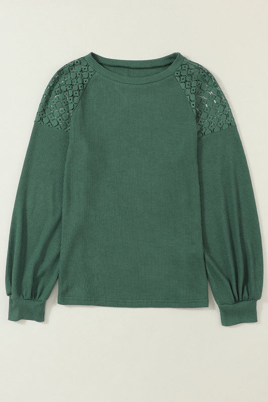 Strawberry Pink Plus Size Contrast Lace Sleeve Waffle Knit Top
