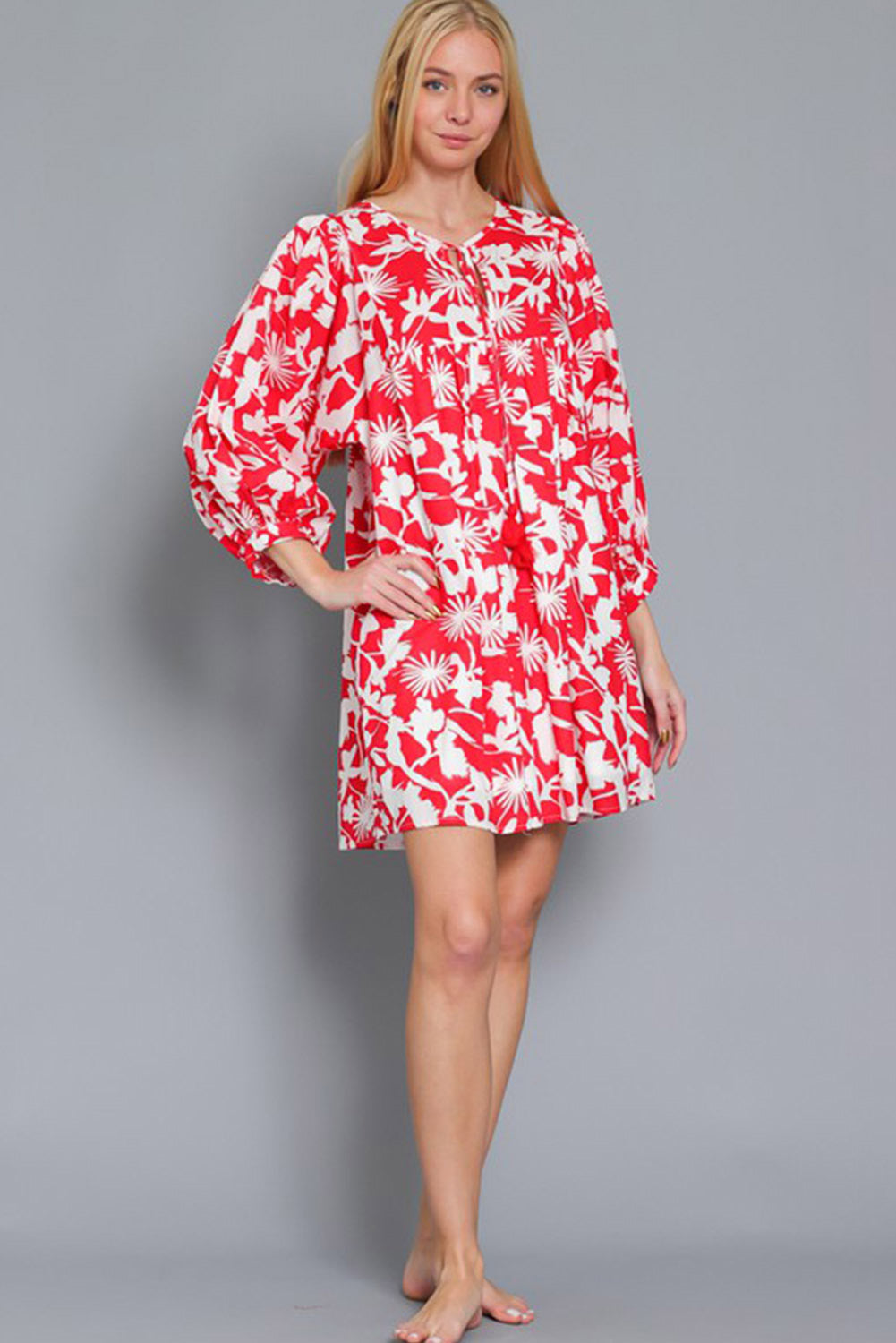 Floral Print Puff Sleeve Split Neck Babydoll Mini Dress