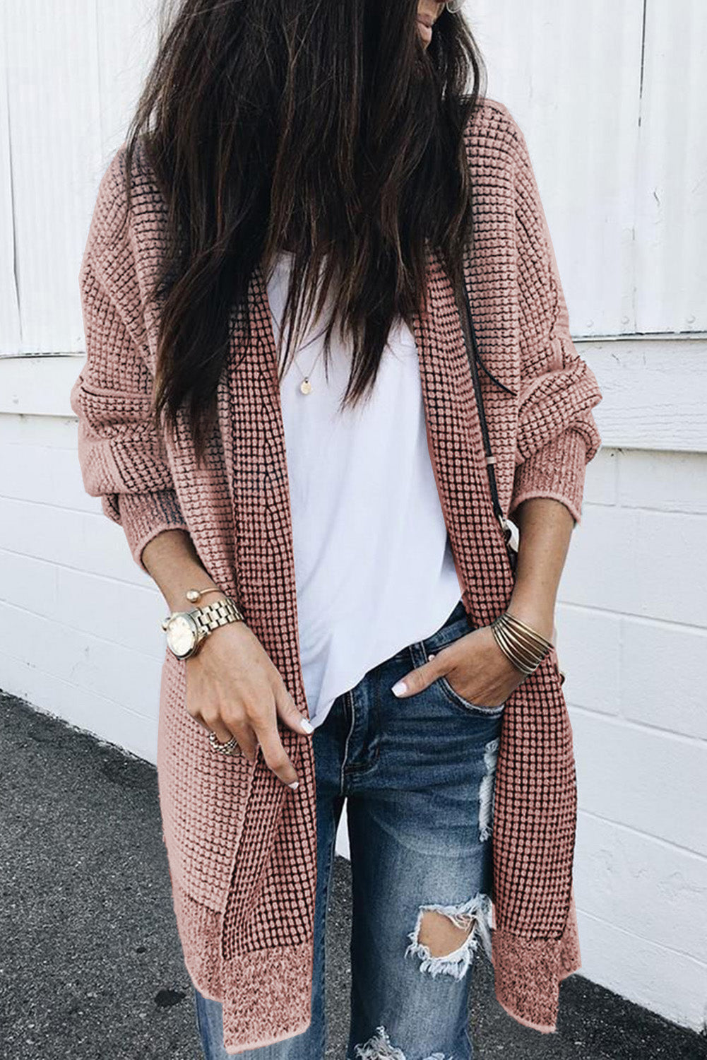 Apricot Chunky Waffle Knit Oversized Collar Cardigan