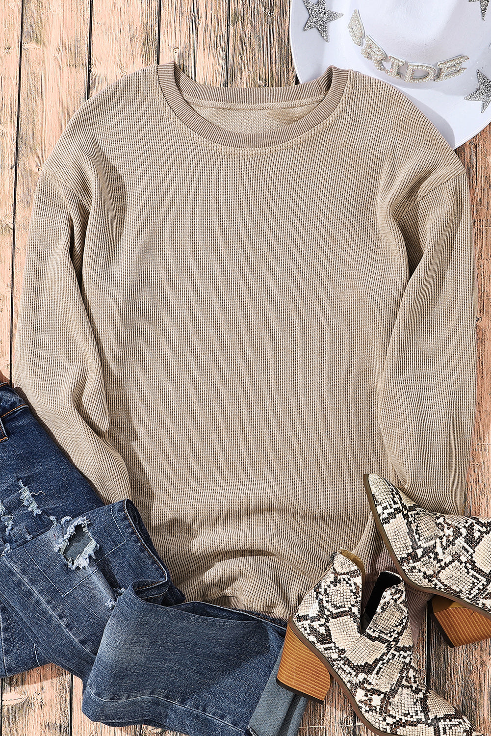 Black Plus Size Corded Round Neck Sweatshirt