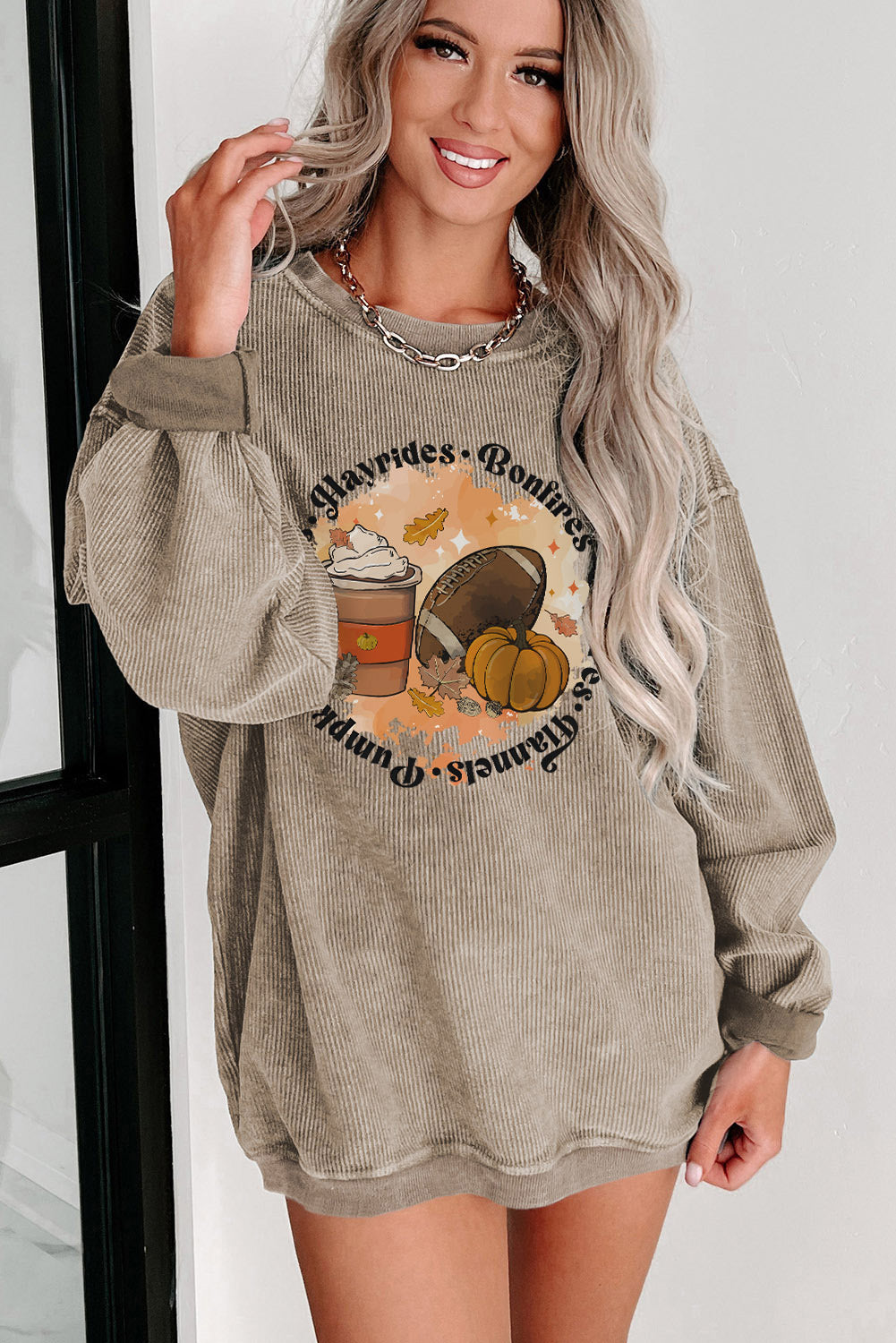 Black Plus Size Corded Round Neck Sweatshirt