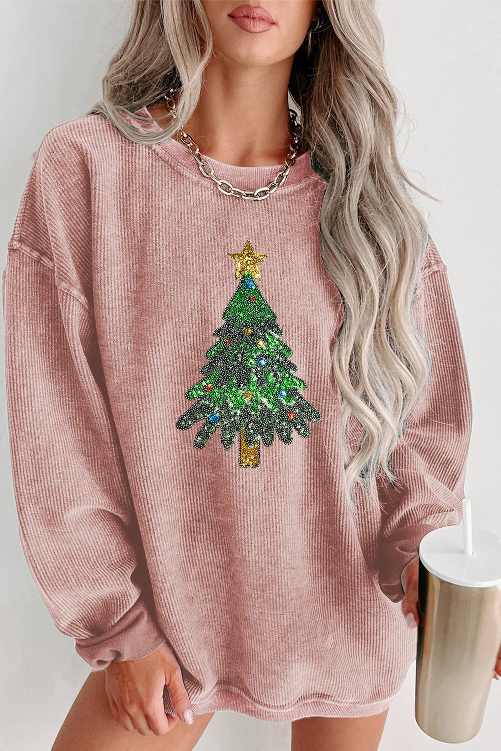 Black Plus Size Corded Round Neck Sweatshirt