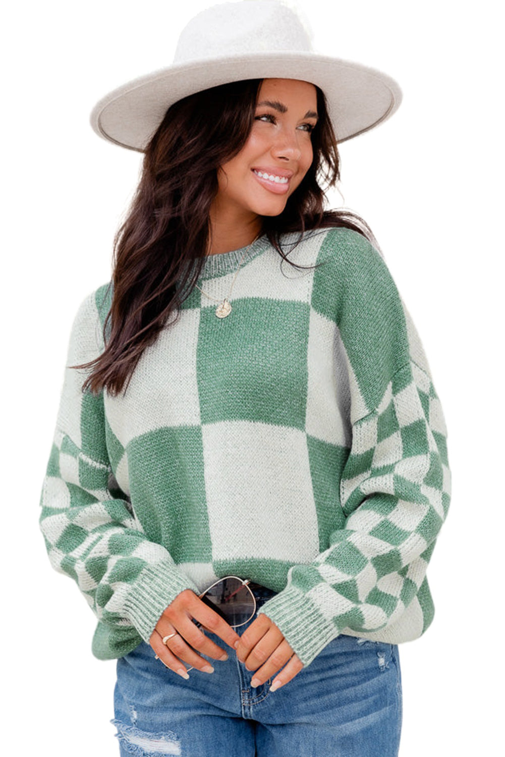 Medium Grey Checkered Print Drop Shoulder Sweater