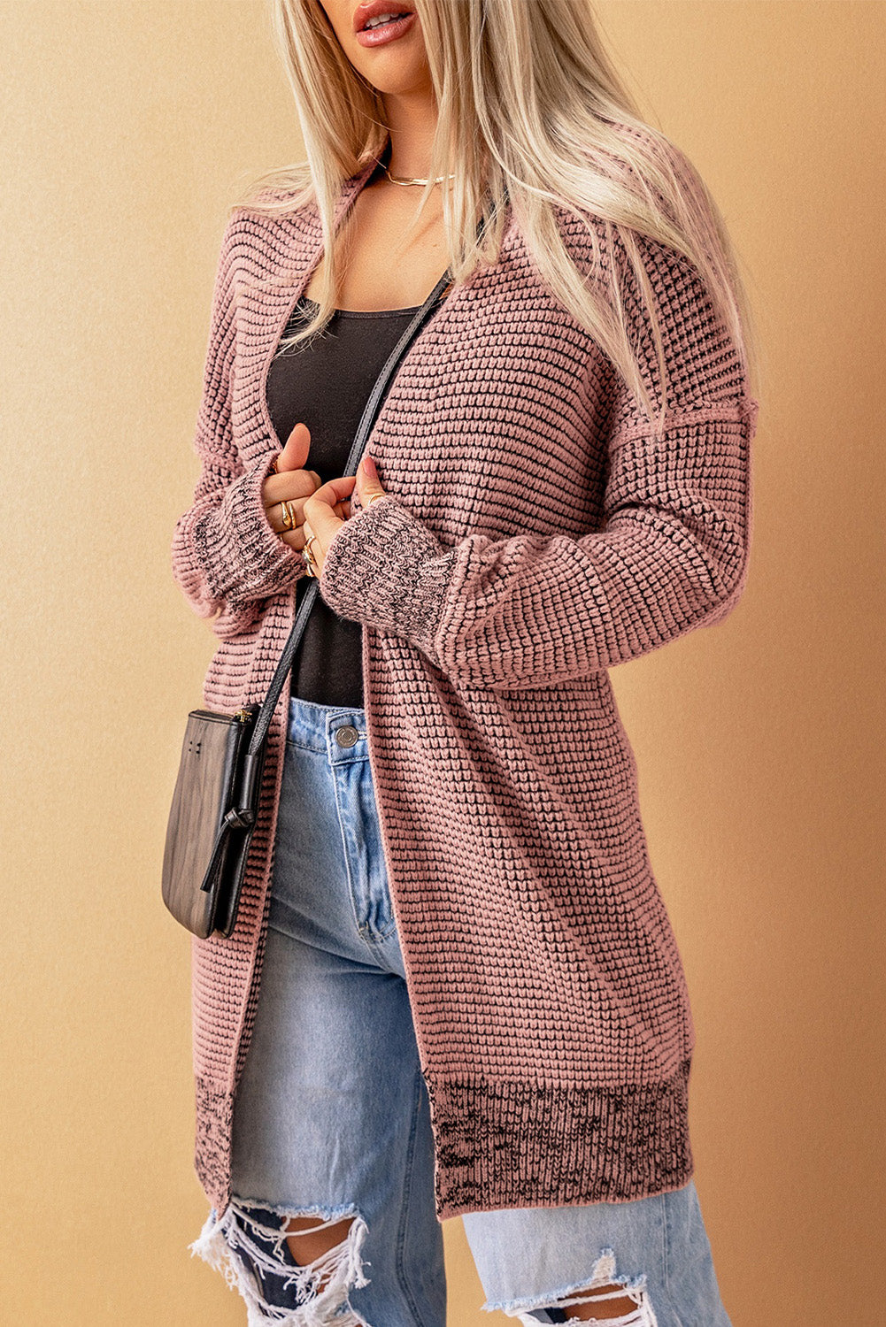 Apricot Chunky Waffle Knit Oversized Collar Cardigan