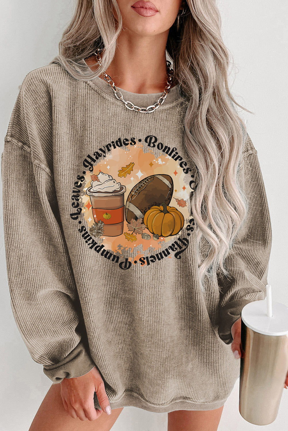 Black Plus Size Corded Round Neck Sweatshirt