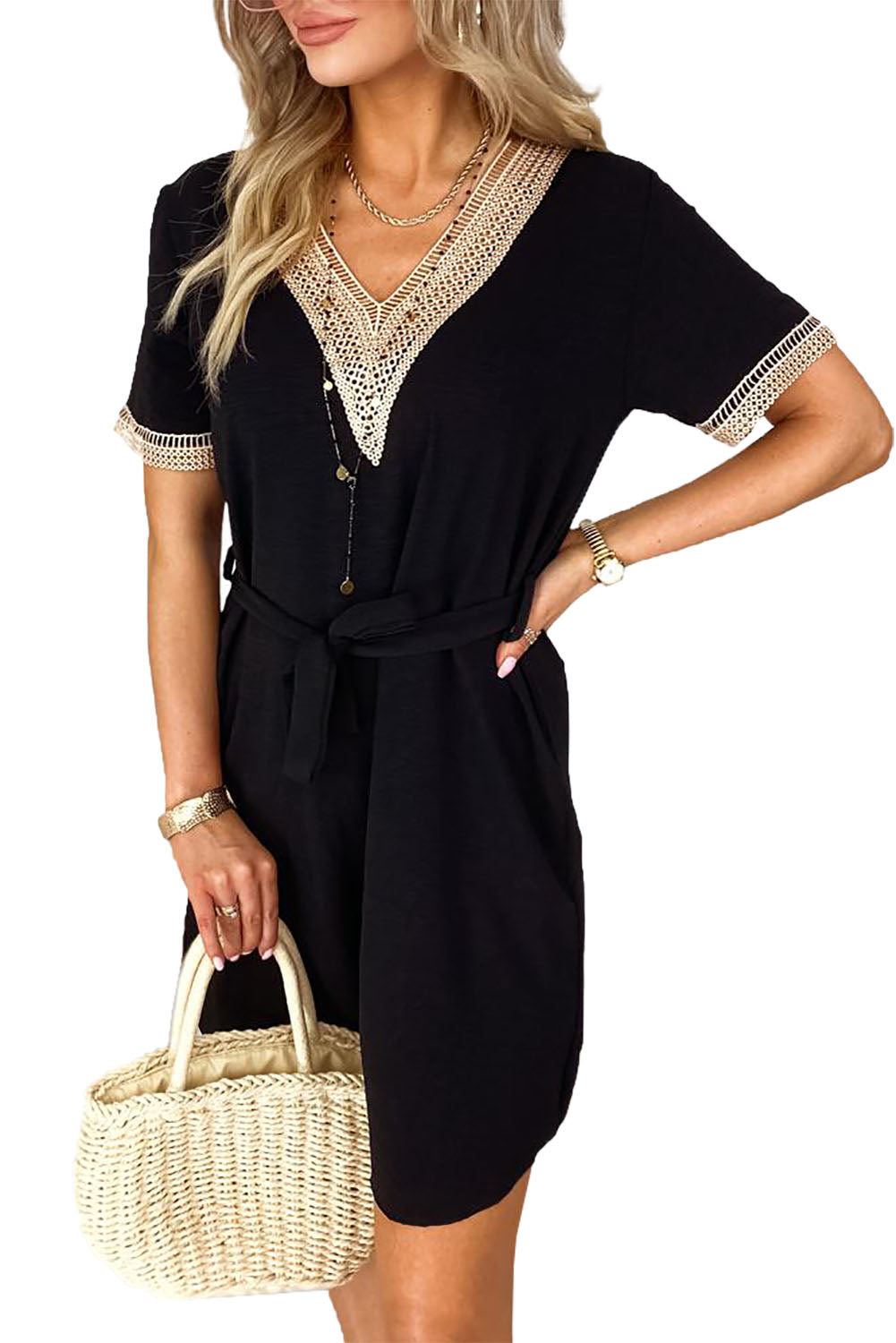 Lace Splicing Short Sleeve Dress with Waist Tie