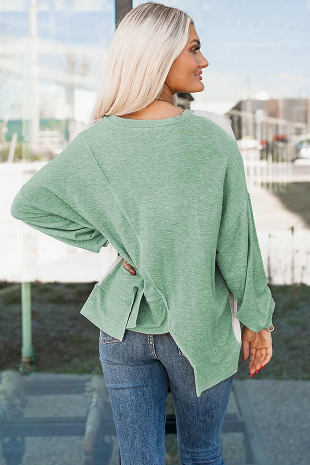 Multicolor Plus Size Colorblock Seamed Drop Shoulder Sweatshirt