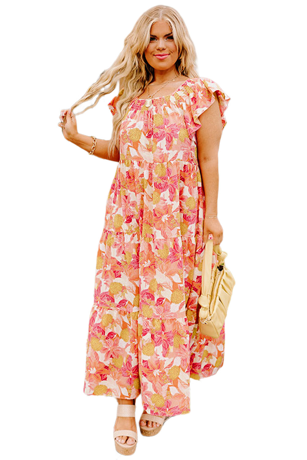 Floral Print Shirred Ruffled Sleeveless Plus Size Dress