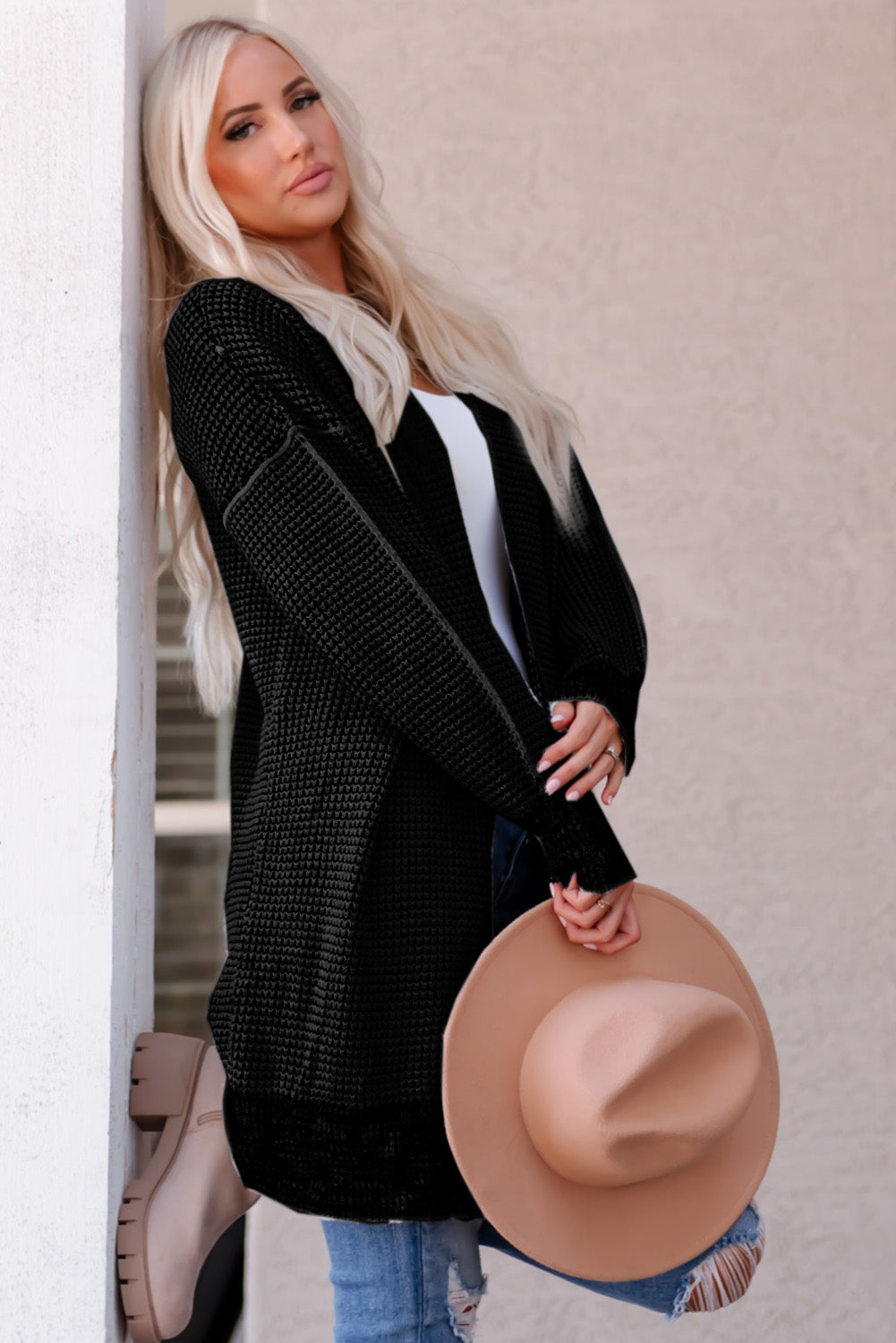 Apricot Chunky Waffle Knit Oversized Collar Cardigan