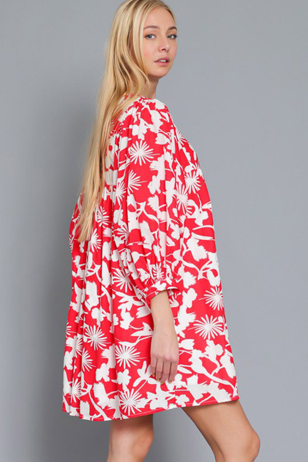 Floral Print Puff Sleeve Split Neck Babydoll Mini Dress