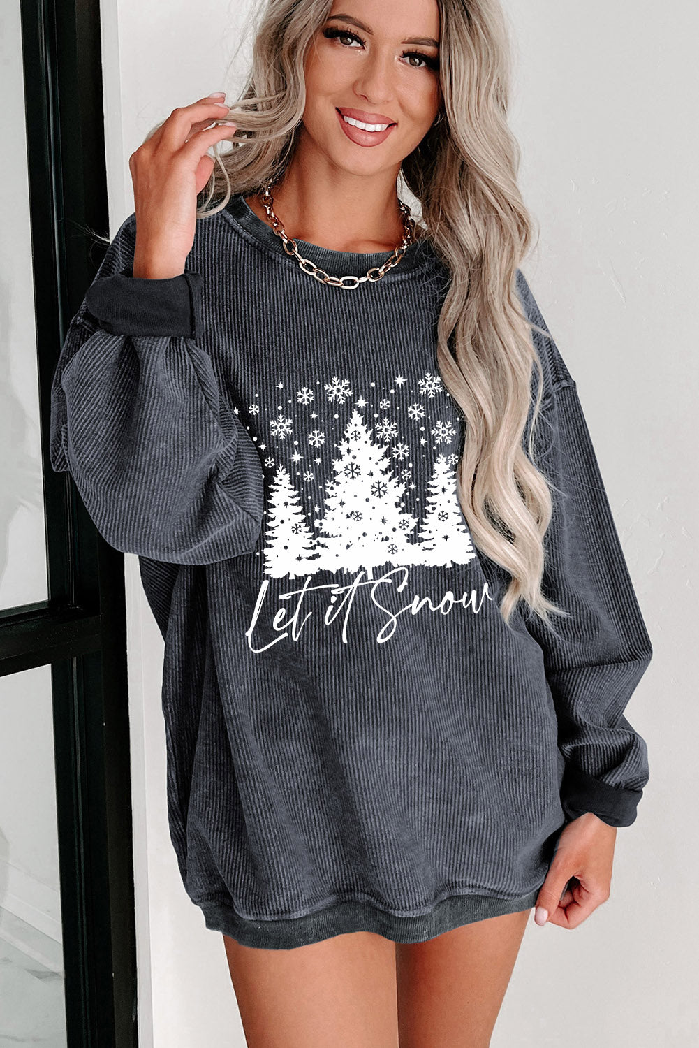 Black Plus Size Corded Round Neck Sweatshirt
