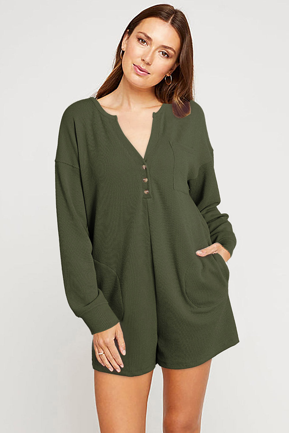 Black Brushed Ribbed Button Split V Neck Long Sleeve Romper