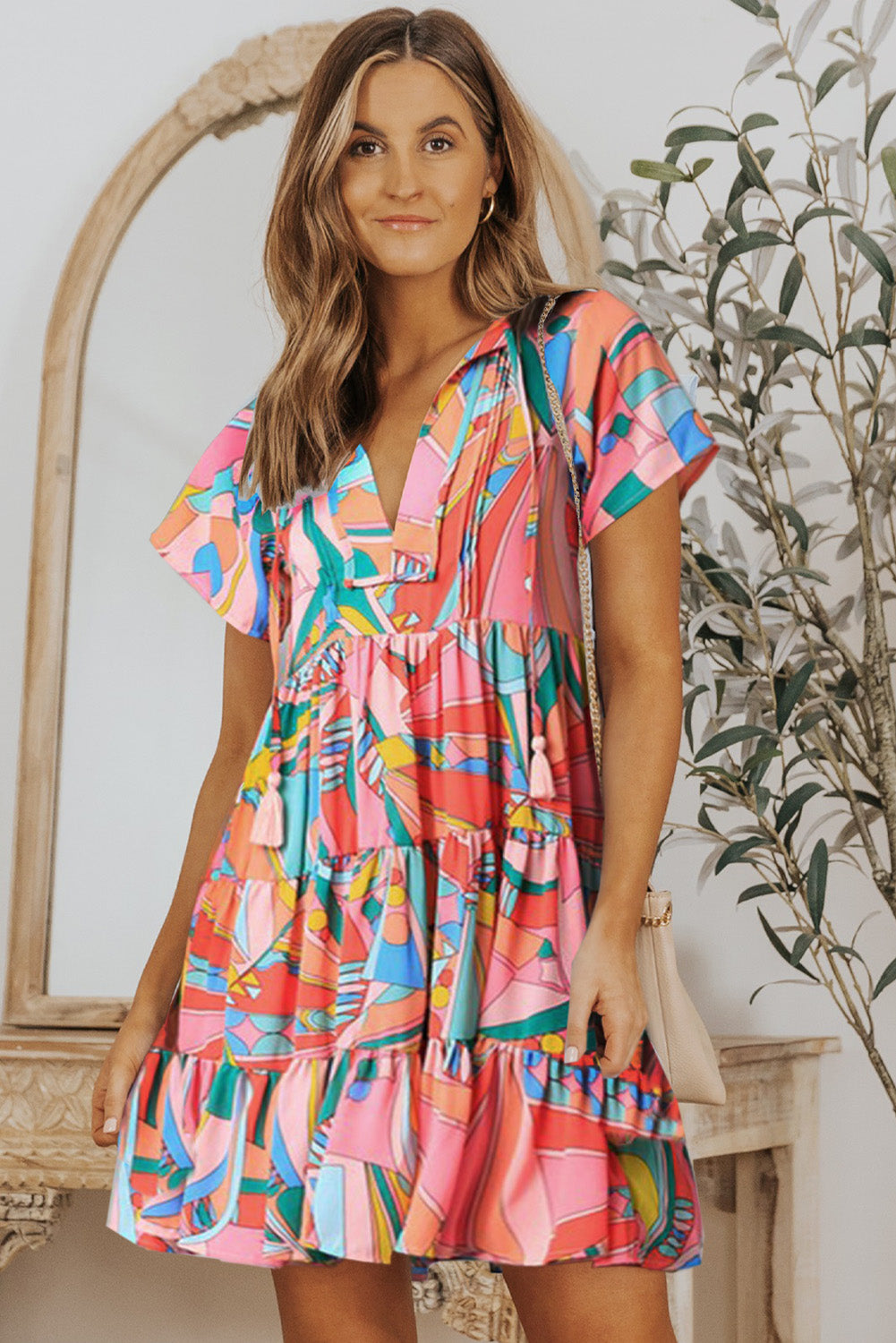 Multicolor Geometric Abstract Print Long Sleeve Shirt Dress