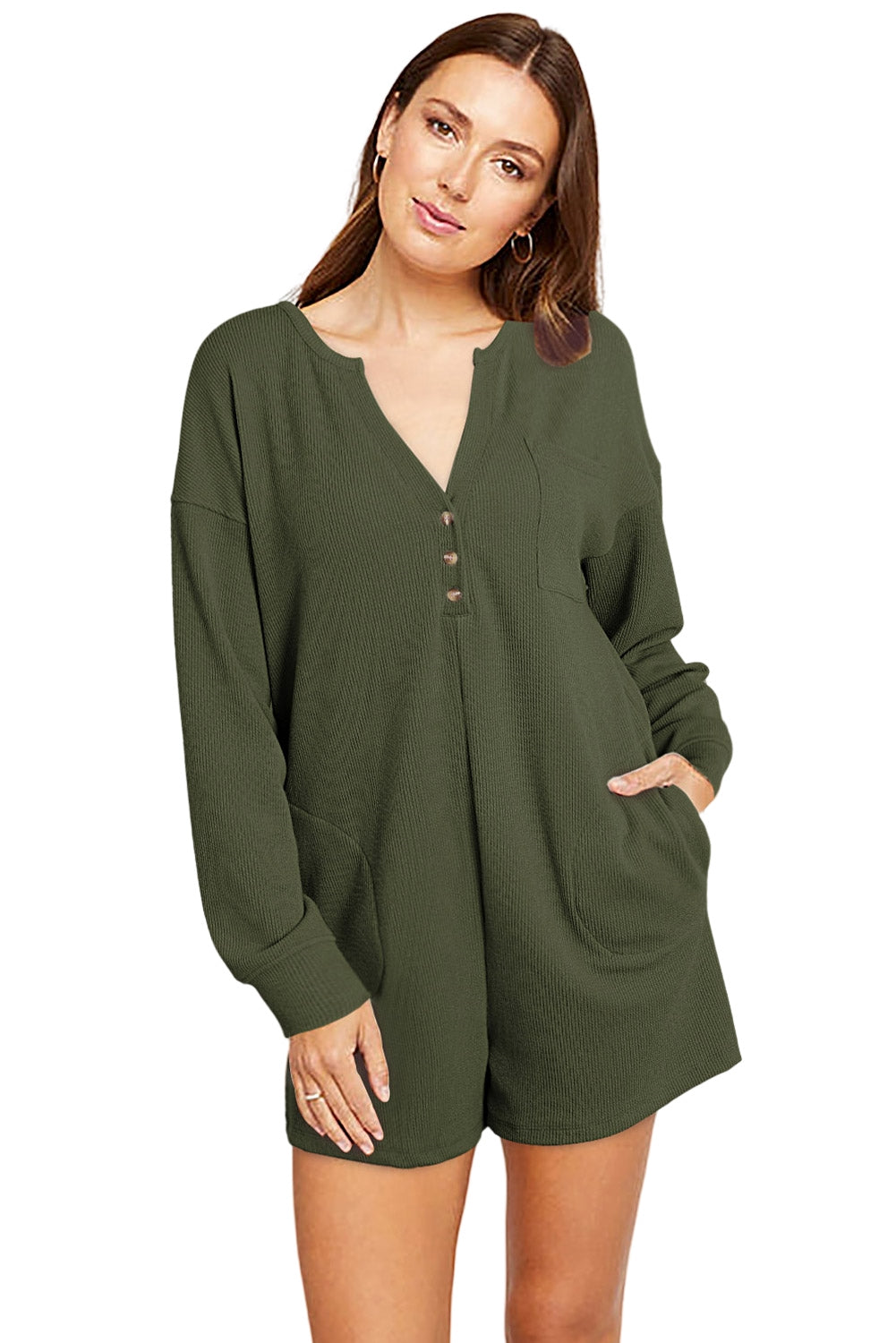Black Brushed Ribbed Button Split V Neck Long Sleeve Romper