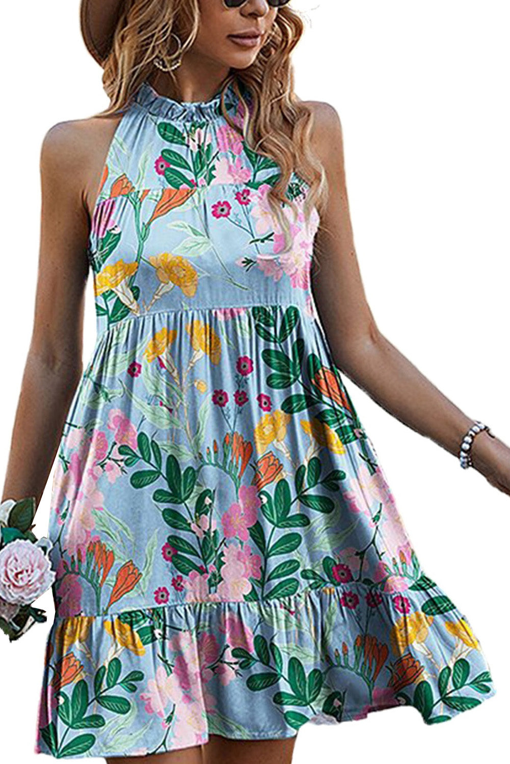 Floral Print Ruffled Lace-up Mock Neck Mini Dress