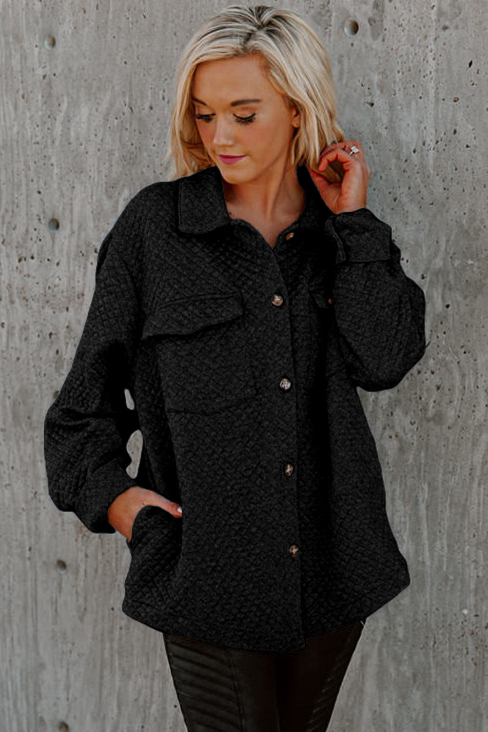 Gray Lattice Texture Retro Flap Pocket Button Shacket
