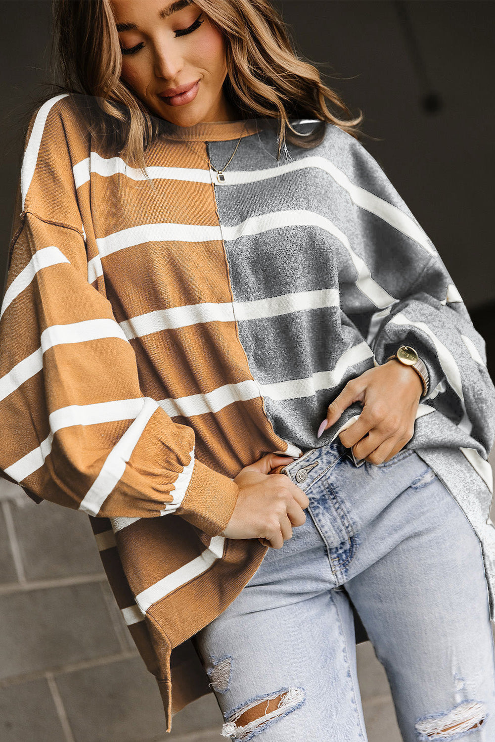 Plus Size Colorblock Striped Patchwork Loose Top
