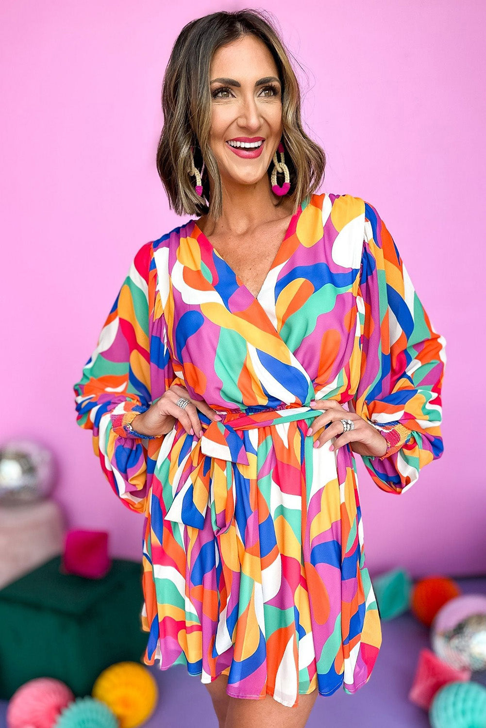 Multicolor Plus Size Abstract Print Oversized Sleeve Belted Dress